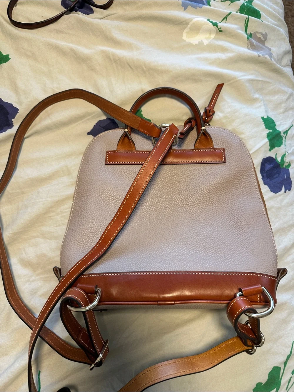 Dooney & Bourke Taupe Pebble Leather Backpack with Brown Trim